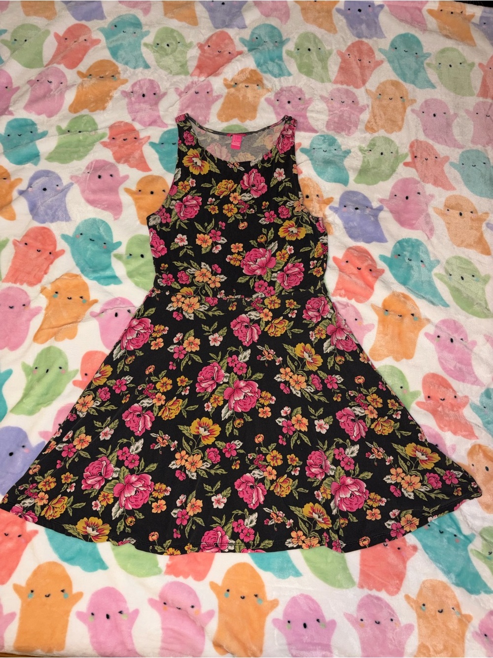 Forever 21 Black Floral Fit & Flare Dress with Pink and Yellow Roses